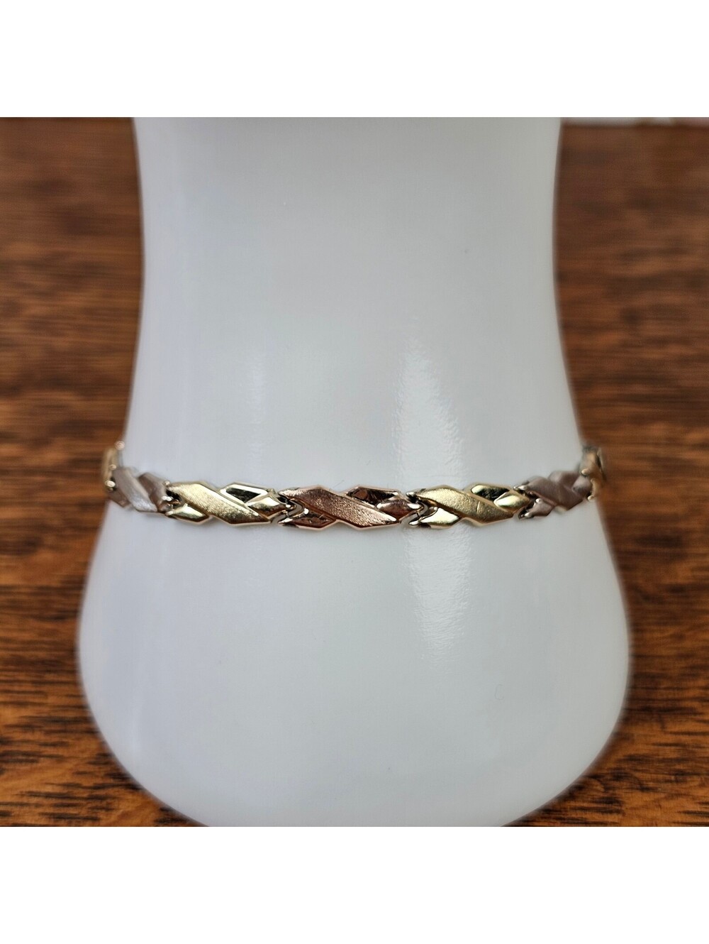 Vintage 925 Sterling Silver 10K Gold Three Tone Link Bracelet 7.5" Turkey
